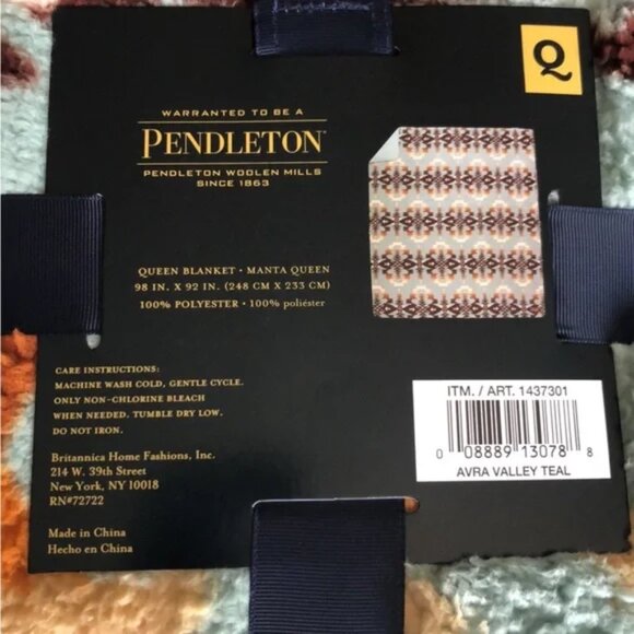 Pendleton Queen Size Sherpa Fleece Blanket Avra Valley Teal Light Blue - Picture 5 of 6